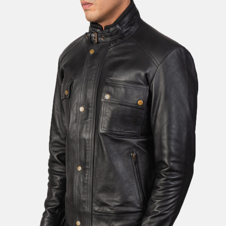 Mens Darren Black Leather Jacket Close-up-9-1685015128196